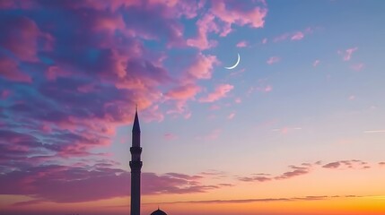 Poster - Minaret silhouetted against vibrant sunset and crescent moon.