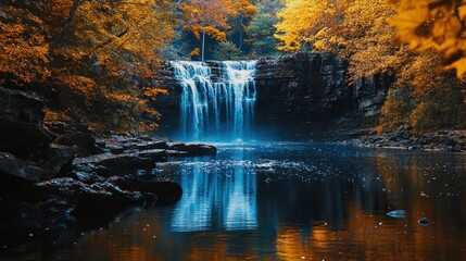 Poster - Autumn Waterfall Serenity: A Breathtaking Cascade Reflecting in a Tranquil Pond Surrounded by Vibrant Golden Foliage, Peaceful Nature Scene