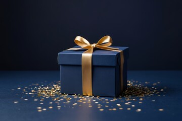 there is a blue gift box with a gold ribbon and a bow