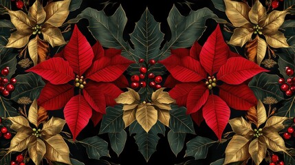 Sticker - Rich red poinsettias and gold leaves arranged in a symmetrical pattern, enhanced with touches of green holly and berries