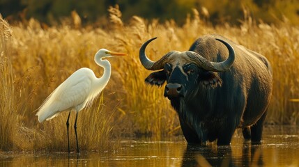 Canvas Print - Great Egret and Buffalo in a Golden Meadow