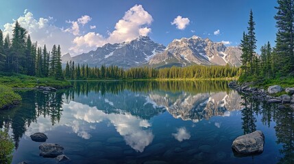 Sticker - Breathtaking mountain lake captured in a stunning panorama, with tranquil waters reflecting the surrounding beauty and ample copy space for text or graphics.