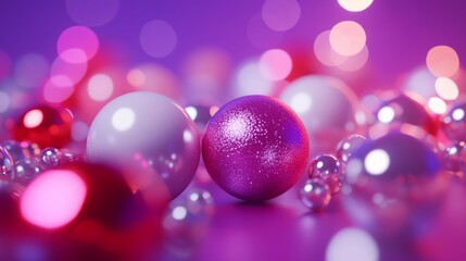 Close-up of shiny pink, white, and red spheres on purple background with bokeh effect.