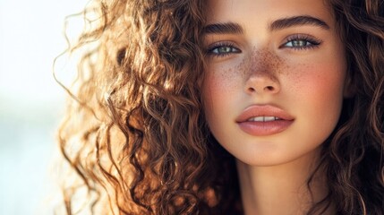 Portrait of a beautiful young woman with curly hair, capturing her graceful features and vibrant personality. This image highlights the beauty of curly hair with ample copy space.