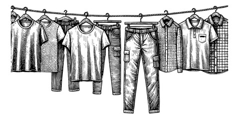Wall Mural - clothes hanging on a clothesline engraving black and white outline