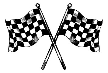 Wall Mural - crossed chequered flag engraving black and white outline