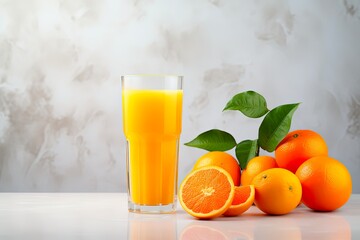 Wall Mural - Morning Detox Juice. Glass of Fresh Tangerine Juice with Fruits on a Marble Table for a Healthy Vegan Diet and Refreshing Lifestyle