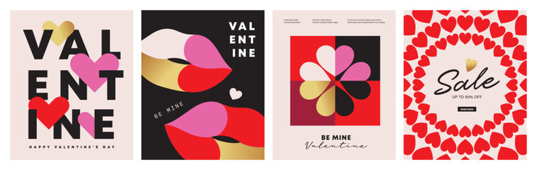 Set of Valentine's Day poster, greeting card, cover, label, sale promotion templates, pattern background in modern trendy geometric style.