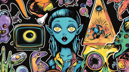 Psychedelic stickers with aliens, drugs and tv isolated on black background. Vector cartoon set of retro hippie icons of blue girl, martian head and pyramid with eye, strange creatures