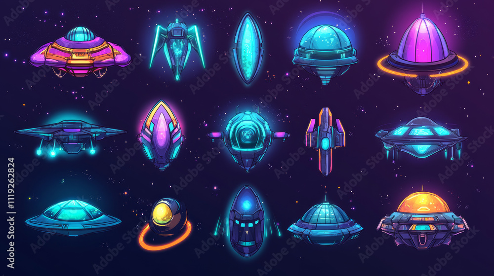 Spaceship and alien ufo ui game vector cartoon set. Fantasy galaxy icon ...