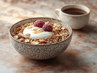 Wall Mural - A bowl of granola topped with yogurt and raspberries, accompanied by a cup of coffee, set against a rustic background.