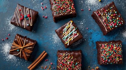 Wall Mural - Christmas chocolate brownies with sugar glaze and sprinkles on a blue concrete background. Christmas or New Year food festive background.Top view, copy space