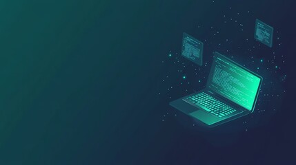 Futuristic laptop with floating screens displaying code, digital data, and network connections.
