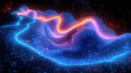Wall Mural - abstract glowing neon lines forming a path on a dark, particle-filled landscape.