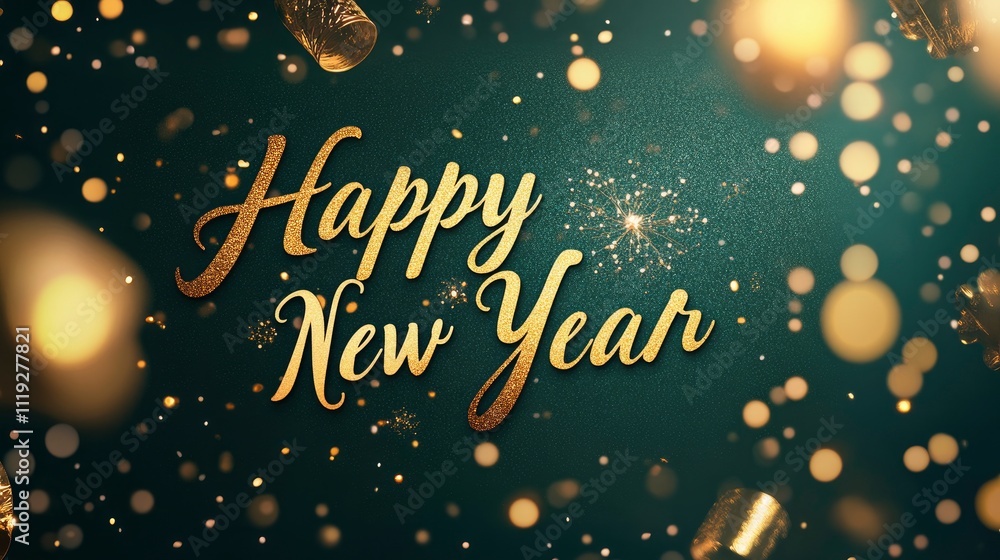 Greeting the New Year in elegant gold script on a rich emerald green ...