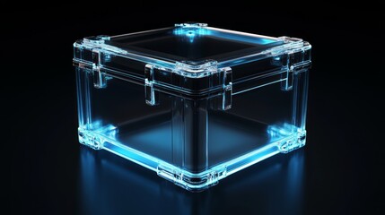 Glowing transparent box on dark background.