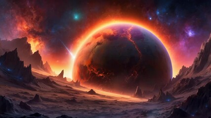 Wall Mural - A dramatic and vivid space scene with detailed cracked surface planets and other celestial bodies