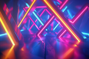 Wall Mural - A dynamic display of neon light tubes forming an intricate geometric pattern, glowing in vibrant colors against a dark blue backdrop, capturing the essence of a lively night party.