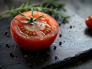 Wall Mural - A vibrant, fresh tomato sits on a dark slate, garnished with herbs and sprinkled with pepper, showcasing its rich color and natural textures.