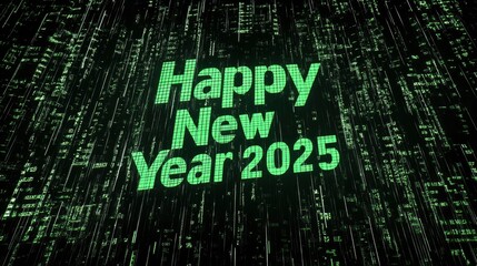 Wishing New Year 2025 depicted with digital matrix-style green numbers and letters rearranging to form the words on a black screen.