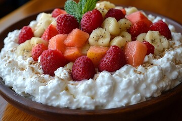 a close-up of a bowl of overnight oats topped with fruits and nuts