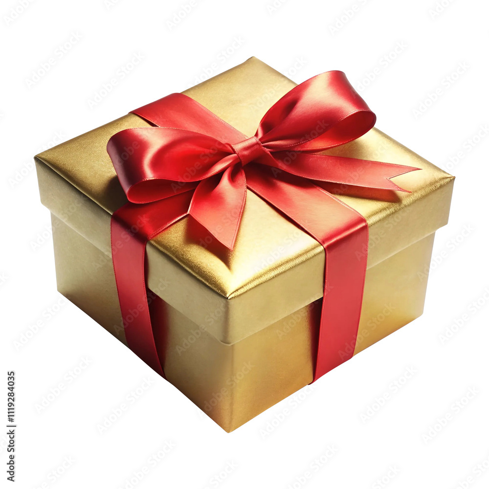 3d Golden gift box with red ribbon bow isolated on transparent ...