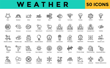 weather icons set with stars, rainbow, wind, breeze, gust, gale, hurricane, tornado, cyclone, typhoo