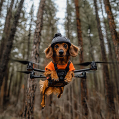 Canvas Print - A dachshund wearing a helmet flies on a drone. AI.