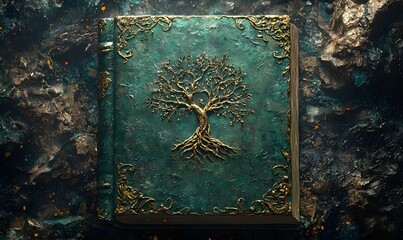 Wall Mural - A magical book with a fantasy medieval green, bronze, and gold tree of life