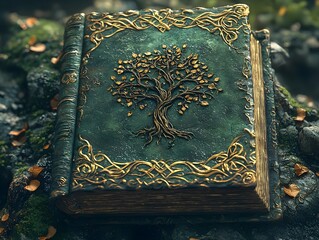 Wall Mural - A magical book with a fantasy medieval green, bronze, and gold tree of life