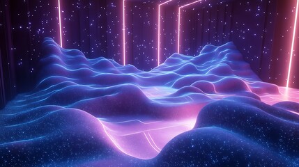 Wall Mural - abstract glowing neon landscape with hills and particles.