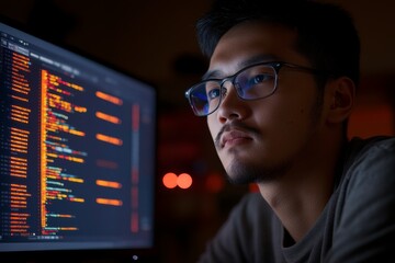 A coder is deeply engrossed in code on screen, encapsulating the dedication, focus, and precision demanded by modern software development and innovation.