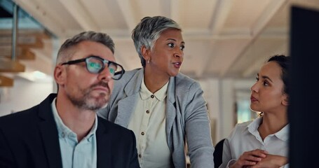 Leinwandbilder - Business people, team and pointing at computer or desktop for discussion, feedback and advice. Women, man and tech as colleagues for mentorship in coworking space, office or collaboration for insight