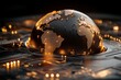 © c80 - A half-globe resting on a detailed circuit board map, the continents shimmer with light; symbolizing global connectivity and the digital world's vastness.