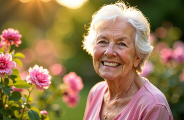 Portrait of happy, smile senior woman in garden with blooming pink flowers, enjoying wonderful sunny day in nature