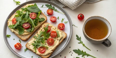 Aromatic herbal tea and two slices of toasted bread topped with creamy hummus, vibrant cherry tomatoes, and fresh arugula leaves