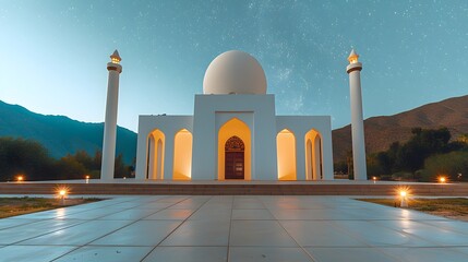 Poster - White mosque at night under starry sky.