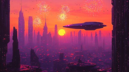 Wall Mural - futuristic city skyline at sunset with fireworks and spaceship.