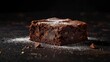 © MUdaylah - Stack of brownies on black background. Delicious homemade chocolate dessert, brownie with sugar powder, copy space.