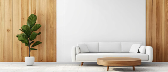 Wall Mural - Modern loft living room, bright white walls, warm wood paneling, spacious and inviting atmosphere, contemporary design elements, cozy furnishings