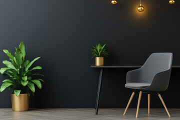 Wall Mural - Modern office interior design featuring dark ambiance, potted plants, golden ceiling lights, sleek office chair and table, contemporary workspace concept