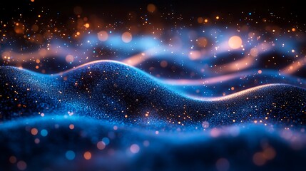 Wall Mural - abstract dark blue and orange glowing particle wave background.