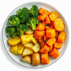 Wall Mural - Plate of cooked vegetables isolated on white background, top view.