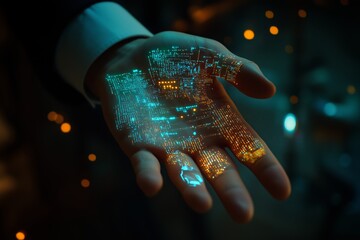 Business professional interacting with computer hand close up in a futuristic decentralized finance environment featuring AI chatbot coding and business data analysis