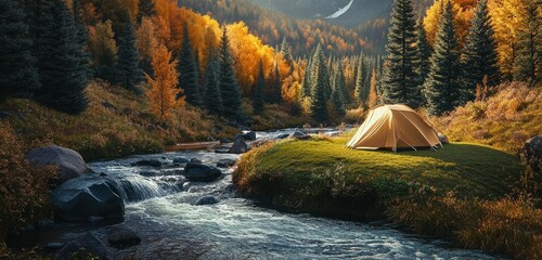 a serene camping scene by a mountain stream, with the water flowing past a tent set up on a grassy h