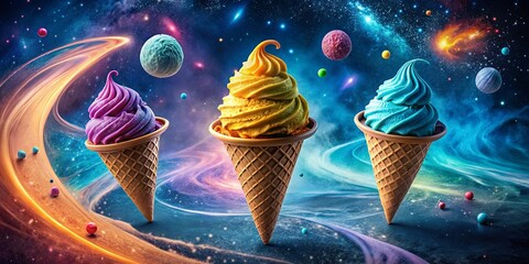 Wall Mural - Cosmic Cones A Trio of Sweet Treats Floating Through a Nebula of Delight