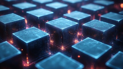 Wall Mural - glowing blue and orange cubes in grid pattern.