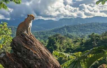 Poster - A leopard resting on top of an old tree trunk with the African savannah in the background