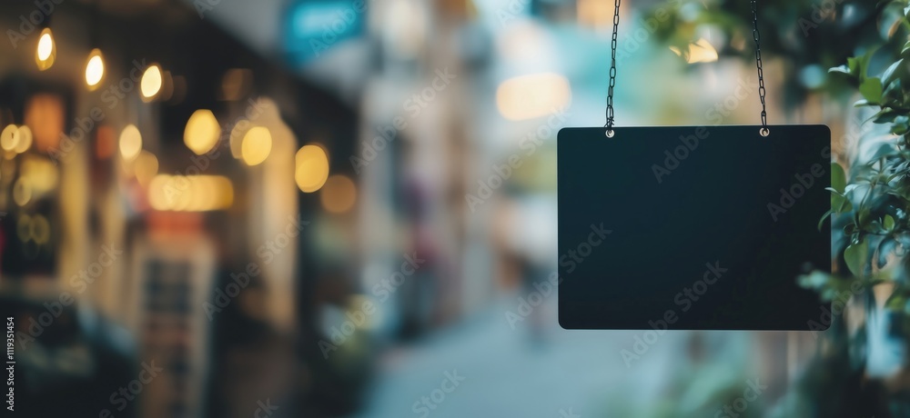 Blank sign in urban setting, blurred background of shops and lights ...