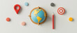 © ItziesDesign - globe with target icon surrounded by academic symbols and colorful elements